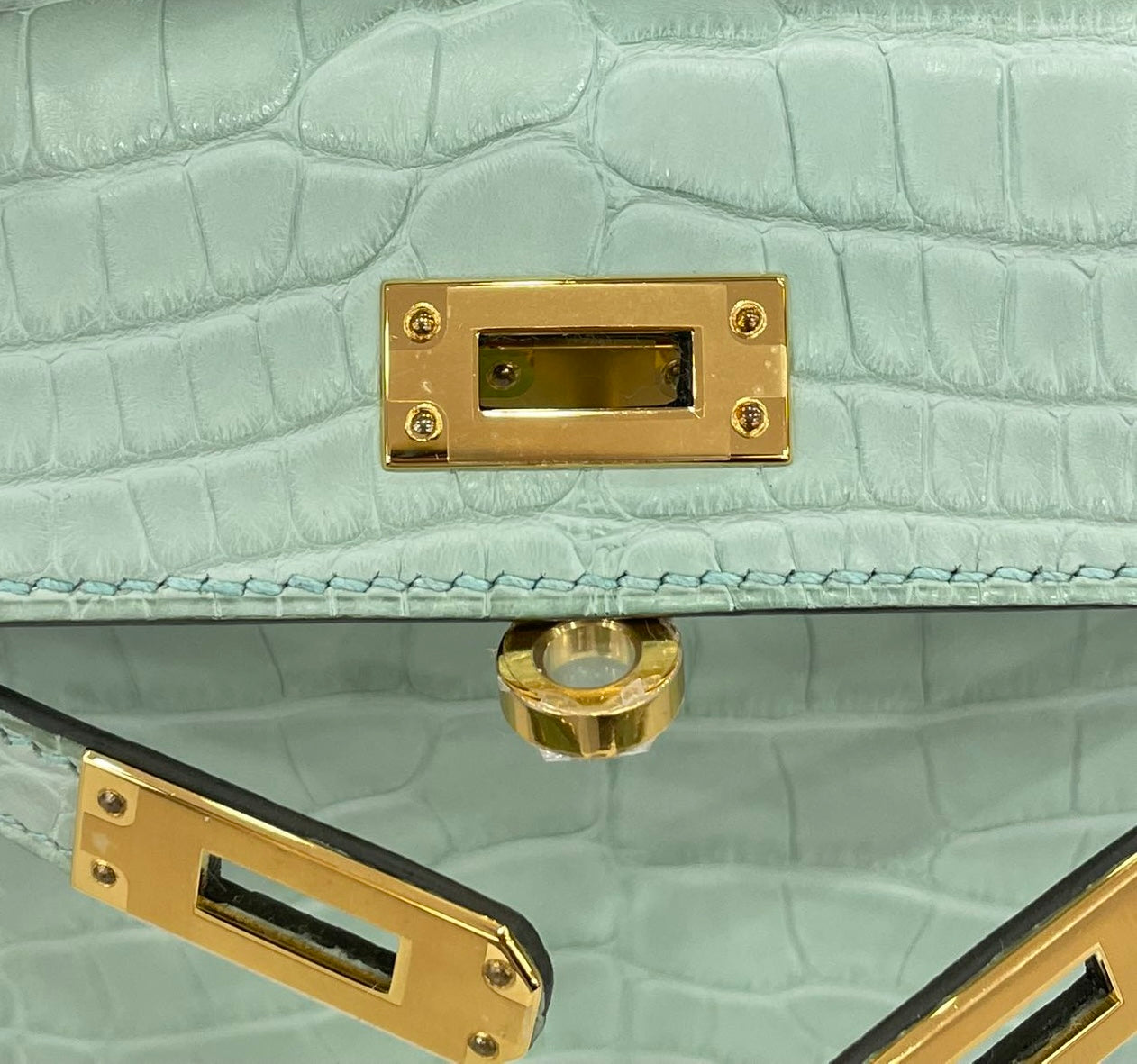 HERMES KELLY MINI SELLIER MAT CROCODILE VERT DEAU