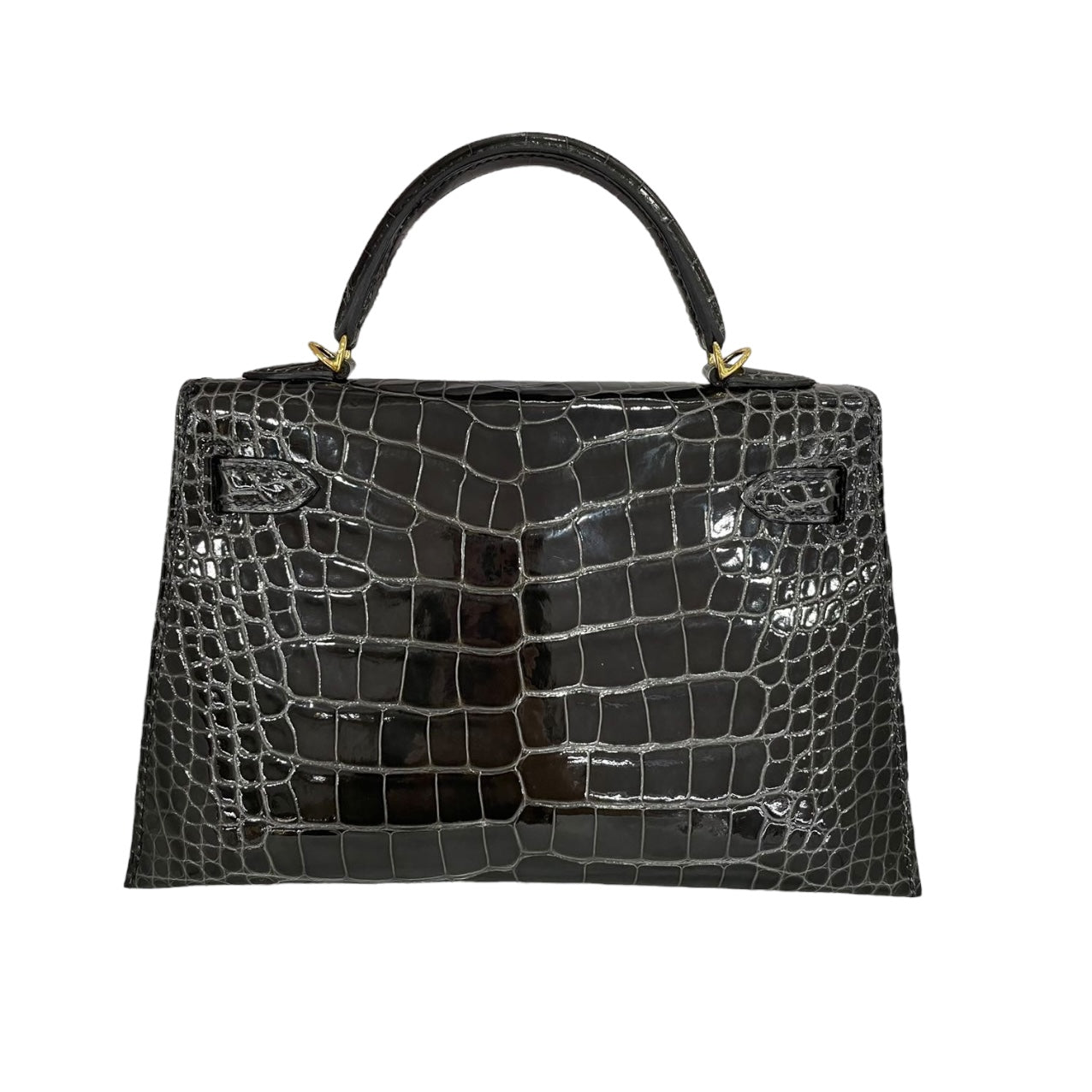 HERMES KELLY MINI SELLIER SHINY ALLIGATOR PERSO GRAPHITE GOLD