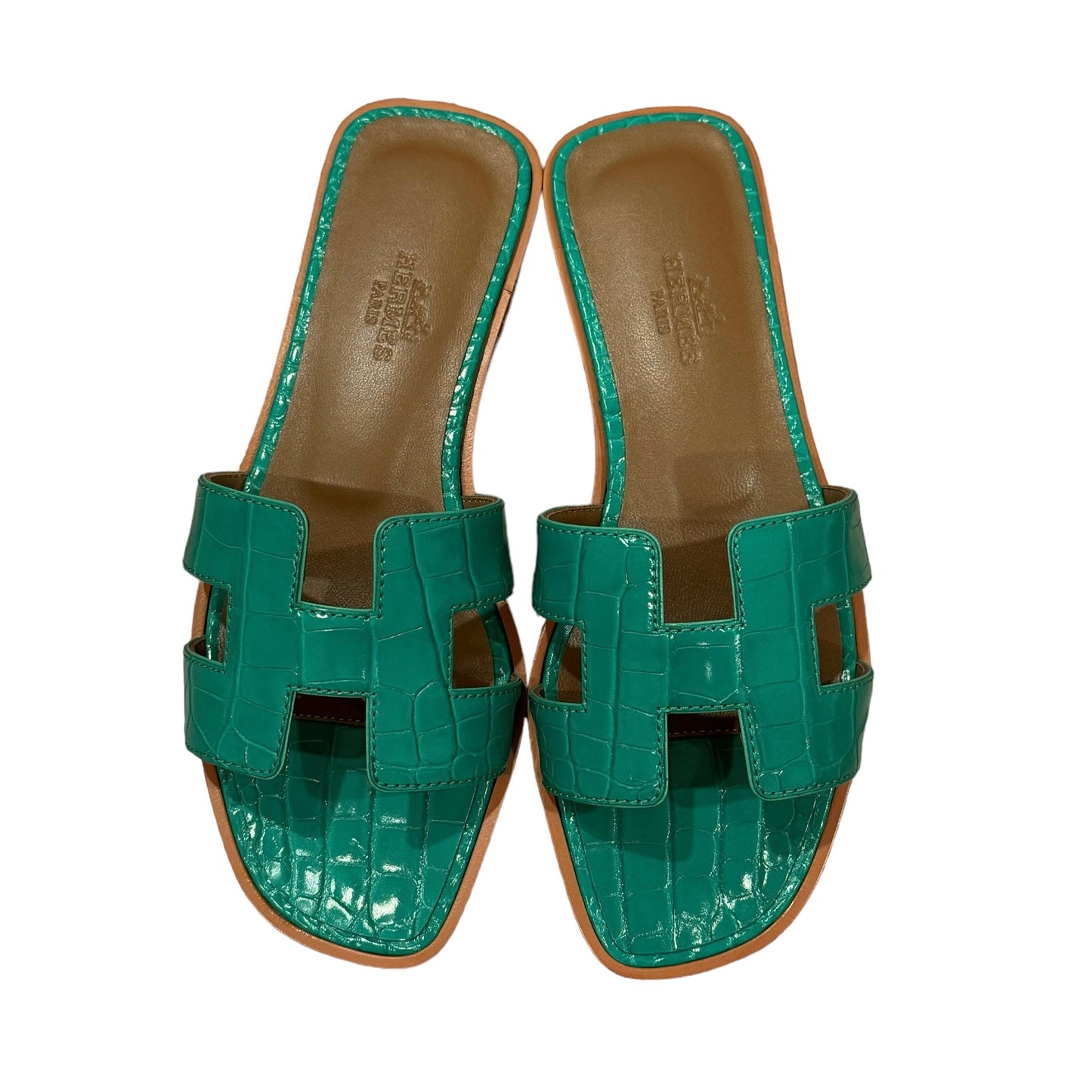 HERMES CROCODILE ORAN SANDALS 34 VERT JADE