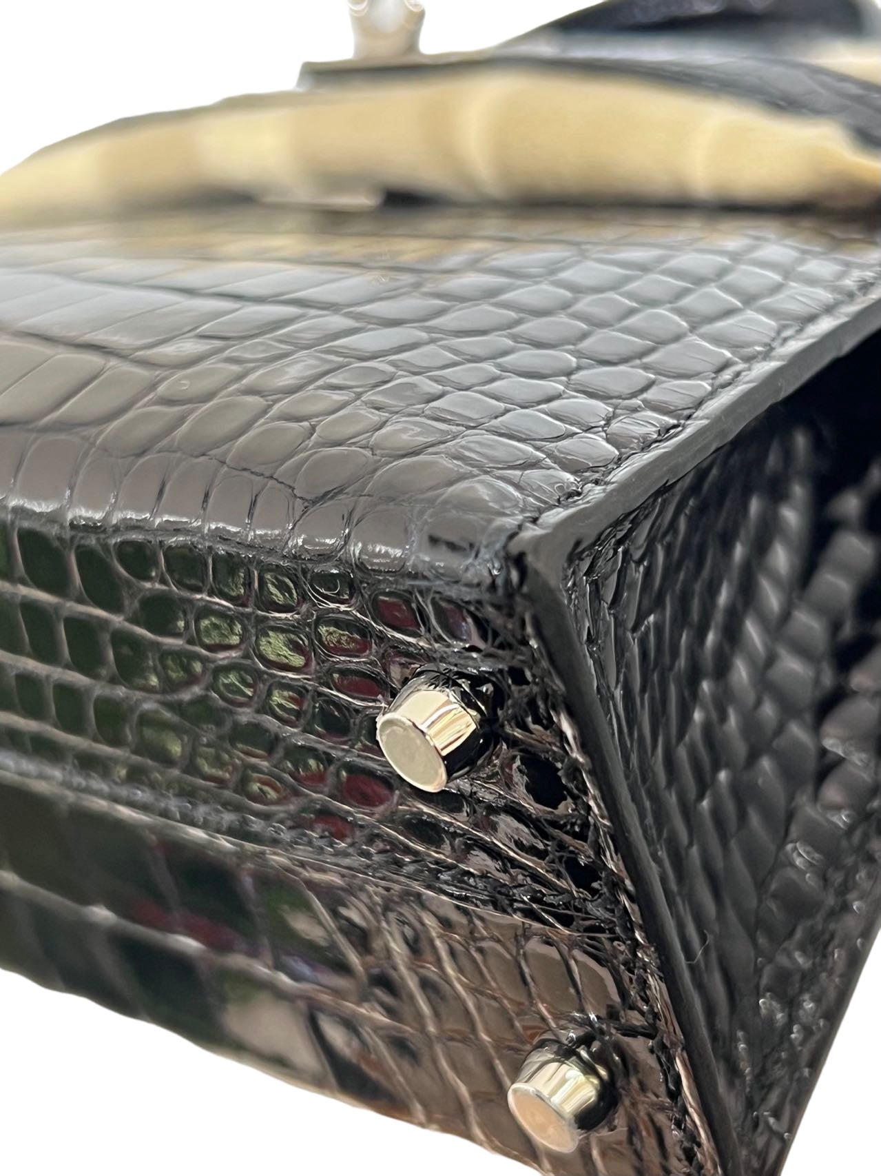 HERMES KELLY MINI SELLIER SHINY ALLIGATOR BLACK SILVER